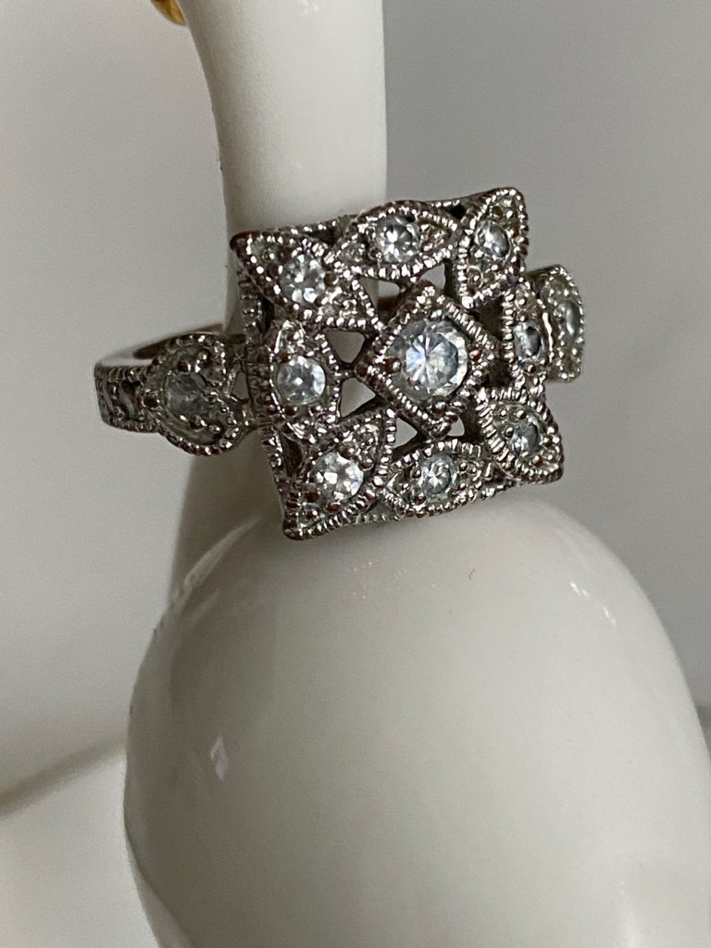 Silver Vintage Style Square Filigree Ring Floral & Crystals Marcasite Accents - Picture 4 of 16